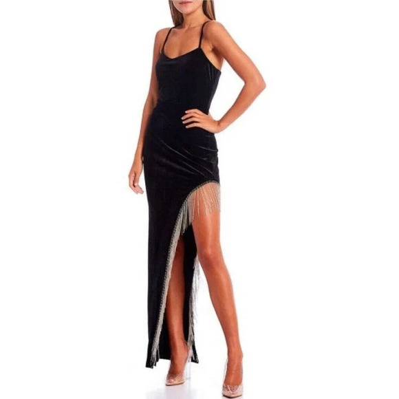 City Studio Velvet Fringe Detail Side Slit Long Mob Wife Whimsy Goth Dress 1 - Picture 1 of 14
